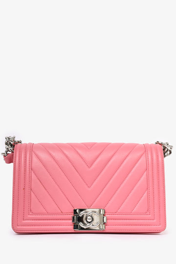 Chanel™ 2016/17 Pink Leather Chevron Patterned Medium Boy Crossbody