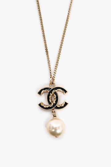 Chanel™ 2014 Gold Toned Black CC Pearl Drop Necklace
