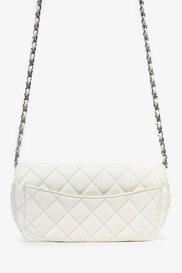 Pre-Loved Chanel™ 2021 White Caviar Leather Sunglass Case with Chain