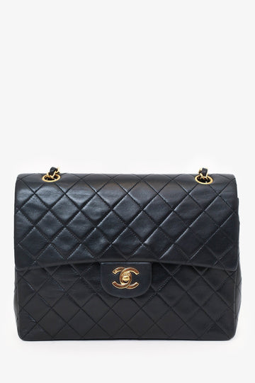 Chanel™ 1989-91 Black Lambskin Classic Medium M/L Square Double Flap