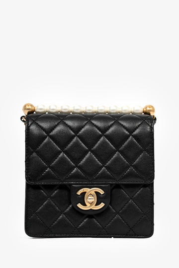 Chanel™ 2019 Black Leather Chic Pearl Swaure Flap Bag