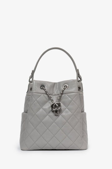 Chanel™ 2019/20 Grey Caviar Leather Drawstring Crossbody Bucket Bag