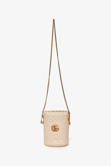 Gucci White Leather Chevron Quilted Marmont Bucket Bag