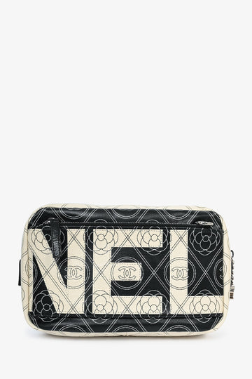 Pre-Loved Chanel™ 2017/18 Black/White Coated Canvas Camellia Logo Camera Bag with Strap