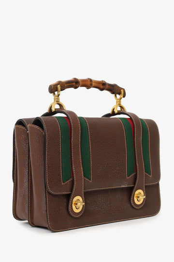 Gucci Brown Leather/Cavas Vintage Bamboo Top Handle Bag with Strap