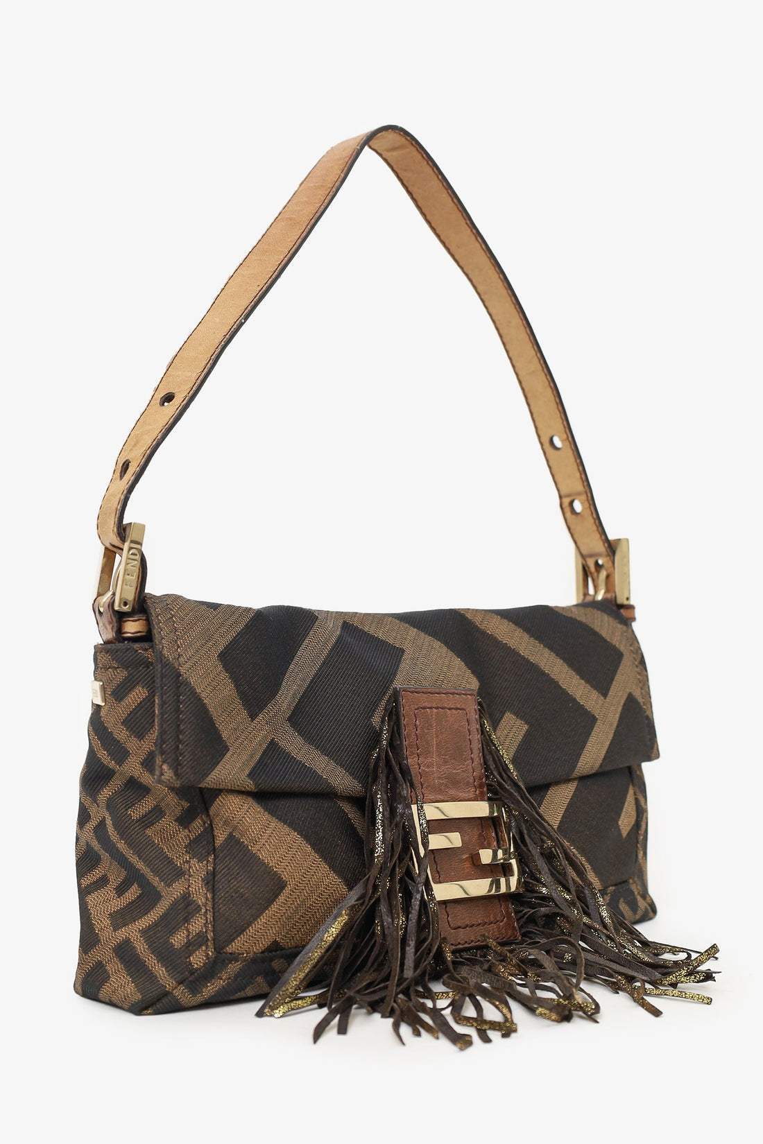 Fendi Tobacco Zucca Canvas Fringe Baguette Shoulder Bag
