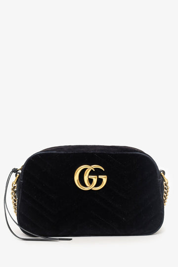 Gucci Black Velvet Chevron Quilted GG Marmont Camera Crossbody Bag
