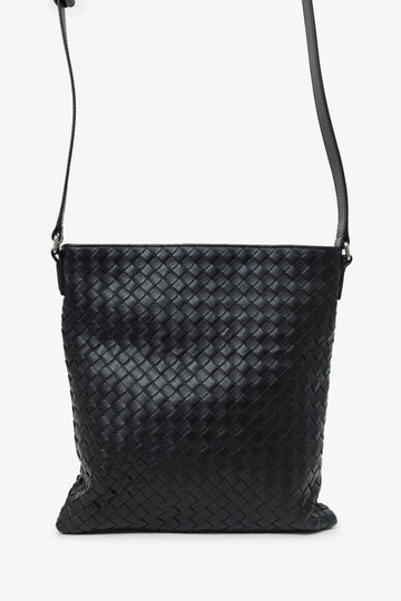 Bottega Veneta Black Intrecciato Flat Messenger Bag