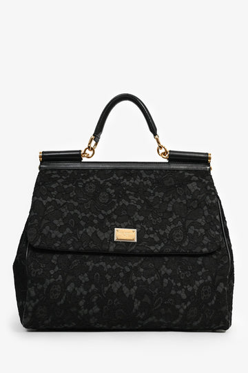 Dolce & Gabbana Black Lace Large Miss Sicily Top Handle Bag with Strap