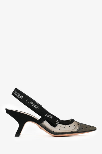 Christian Dior Black Polka Dot Mesh J'Adior Slingback Heels Size 35