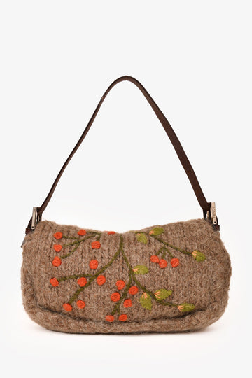 Fendi Grey Floral Embroidered Wool Cable Knit Baguette with Cherry Pins