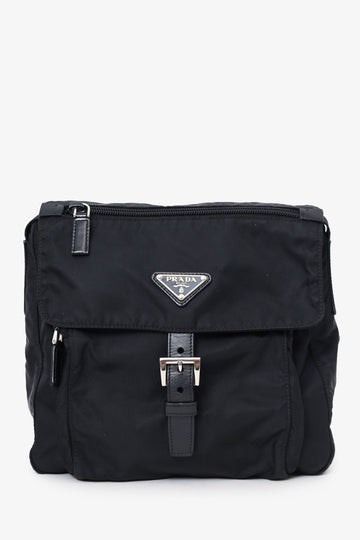 Prada Black Re-Nylon Vela Saffiano Pocket Single Buckle Messenger Bag