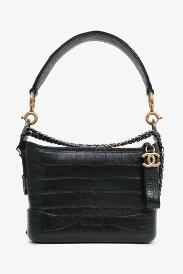 Chanel™ 2019-20 Black Croc Embossed Leather Medium Gabrielle Crossbody Bag with Logo Strap