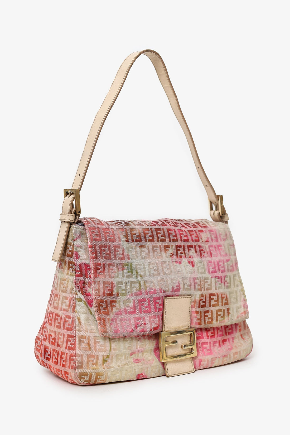 Fendi Beige/Pink Floral Zucchino Canvas Mama Forever Shoulder Bag