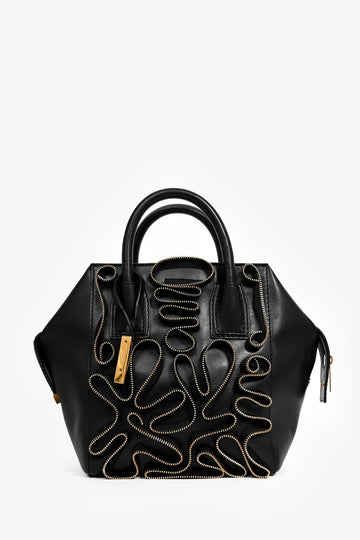 Stella McCartney Black Vegan Leather Gold Zipper 'Cavendish' Top Handle Bag with Strap