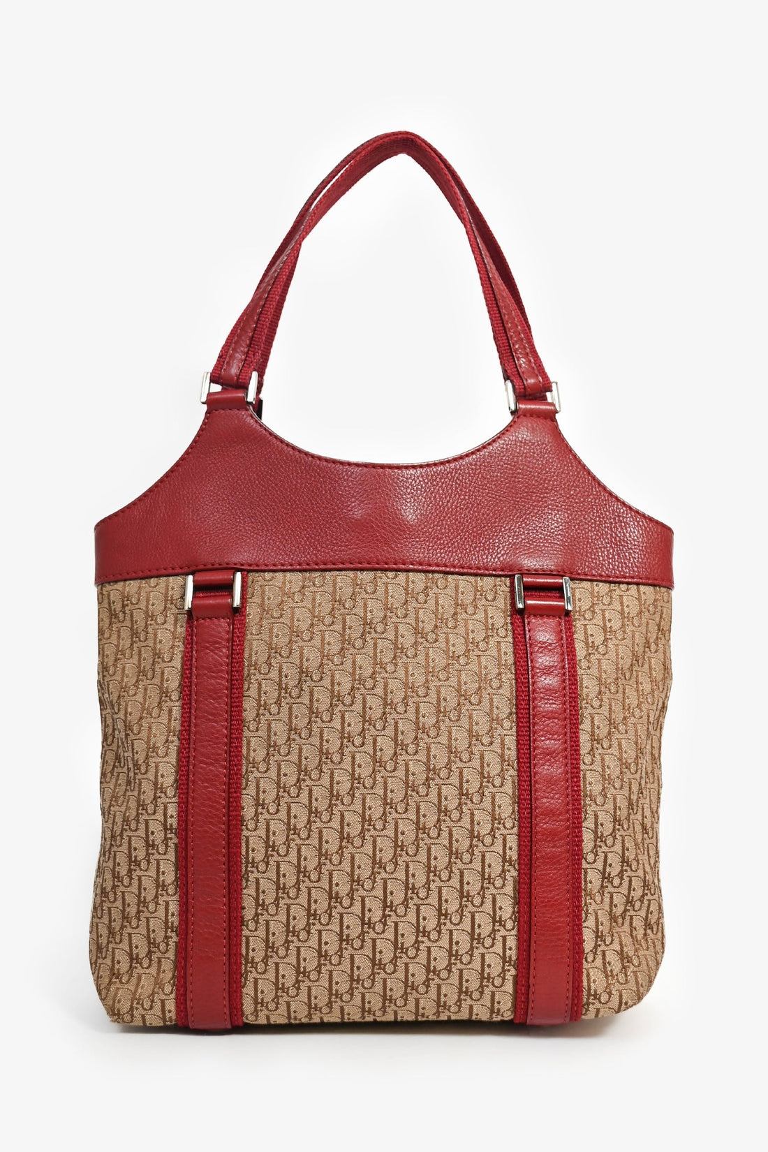 Christian Dior 2005 Vintage Brown Diorissimo Canvas/Red Leather Trim Tote Bag