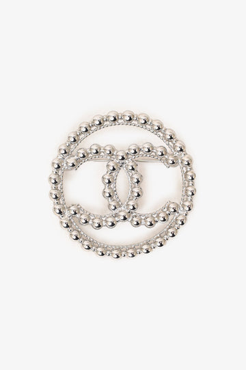 Chanel™ Silver Tone Bead CC Logo Round Pin Brooch