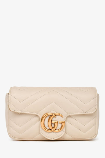 Gucci White Leather Chevron Quilted GG Marmont Super Mini Crossbody