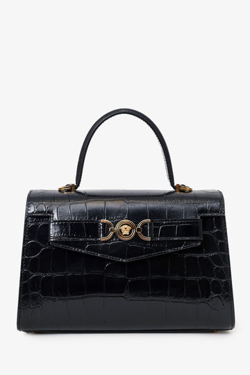 Versace Black Croc-Effect Medusa '95 Mediuml Top Handle Bag with Strap