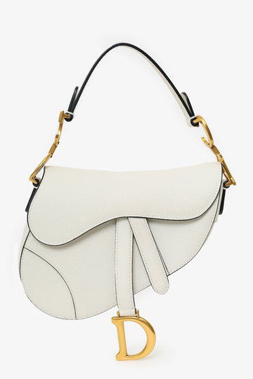 Christian Dior 2019 White Grained Leather Mini Saddle Bag