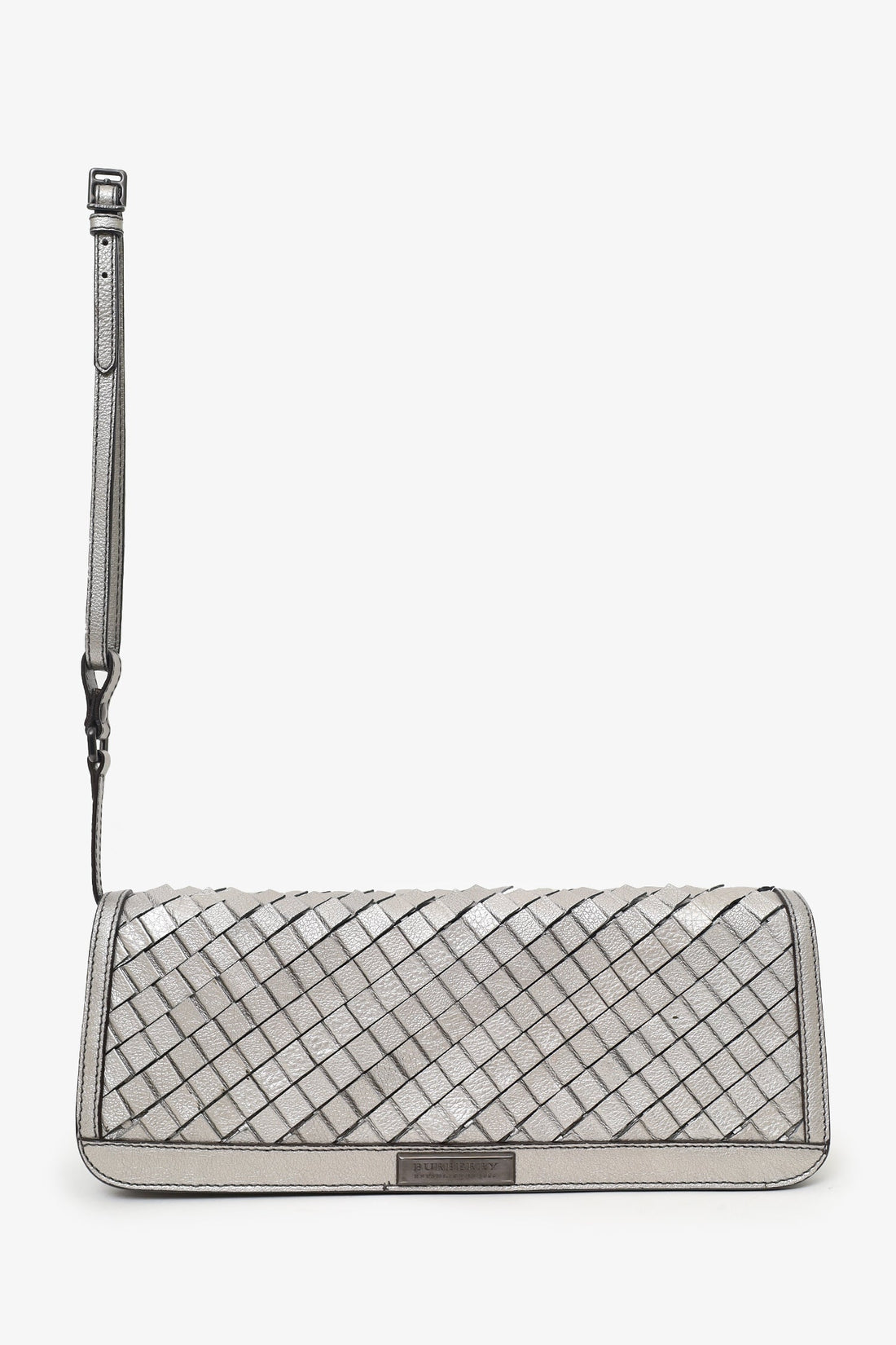Burberry Silver Metallic Leather Ombre Woven Pattern Leather Wristlet Clutch