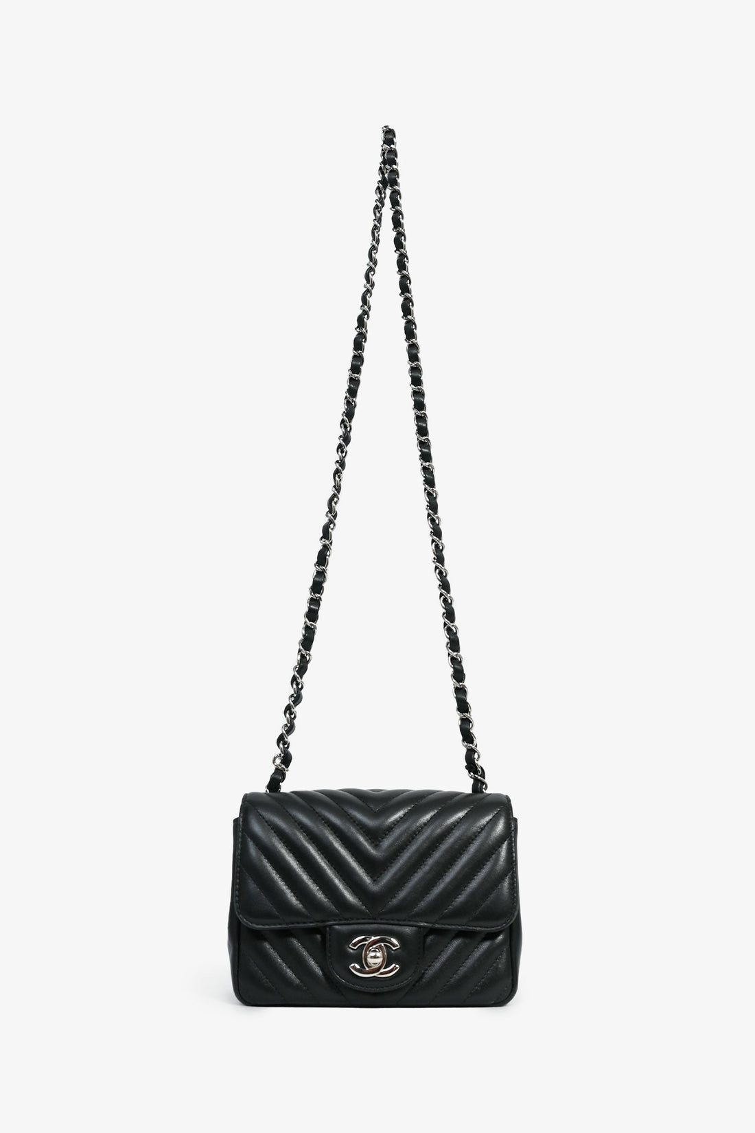 Chanel™ 2020 Black Leather Mini Square Classic Chevron Flap Crossbody Bag