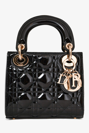 Christian Dior 2021 Black Patent Leather Mini Lady Dior Bag with Strap
