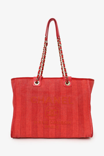 Chanel™ 2019-20 Red Raffia Striped Large Deauville Shopper Tote