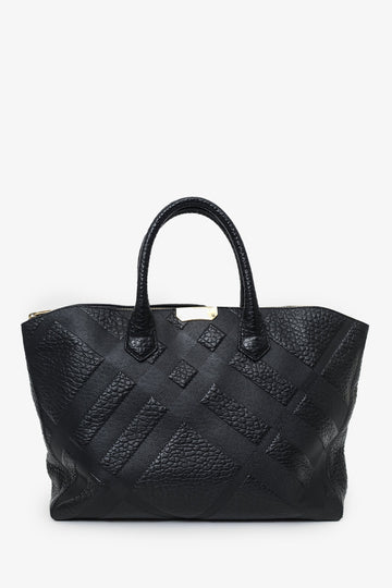Burberry Black Embossed Check Leather Dewsbury Tote Bag With Strap
