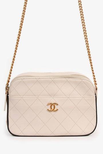 Chanel™ Beige/Black Leather CC 'Button Up' Camera Bag