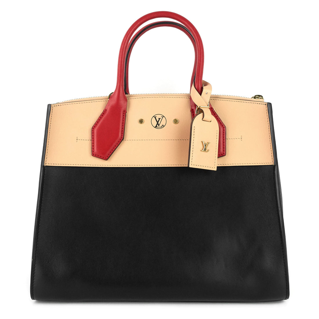 Louis Vuitto City Steamer MM Black Creme Bourgogne Calfskin Tote Bag