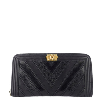 Chanel Boy Chevron Mixed Leather Zip Around Wallet