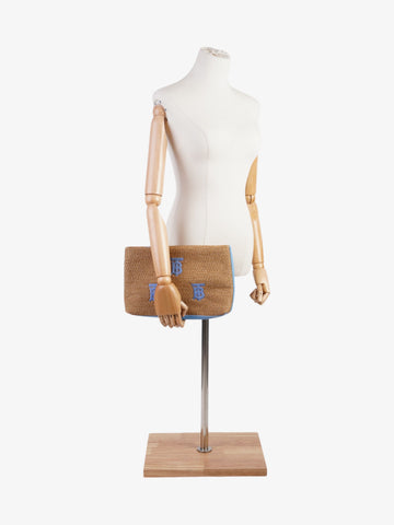 Burberry Embroidered Monogram Pouch Bag Beige / Blue Raffia