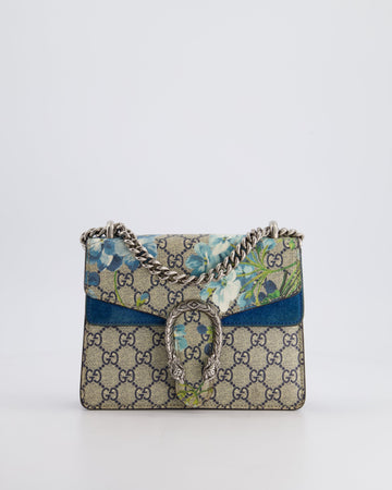 Gucci Brown and Blue Floral Canvas Mini Supreme Dionysus Crossbody Bag With Ruthenium Hardware