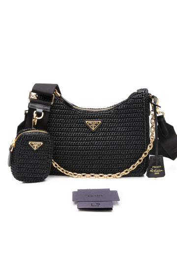 PRADA Black Re-Edition 2005 Raffia Crossbody Bag