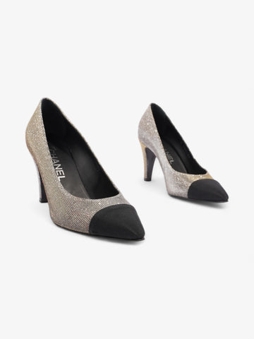 Chanel Pointed Cap Toe Pumps 70mm Black / Gold Canvas EU 36 UK 3