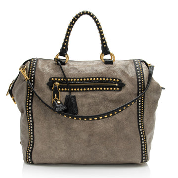 Prada Crackled Calfskin Studded Bauletto Satchel (SHF-hoMqXl)