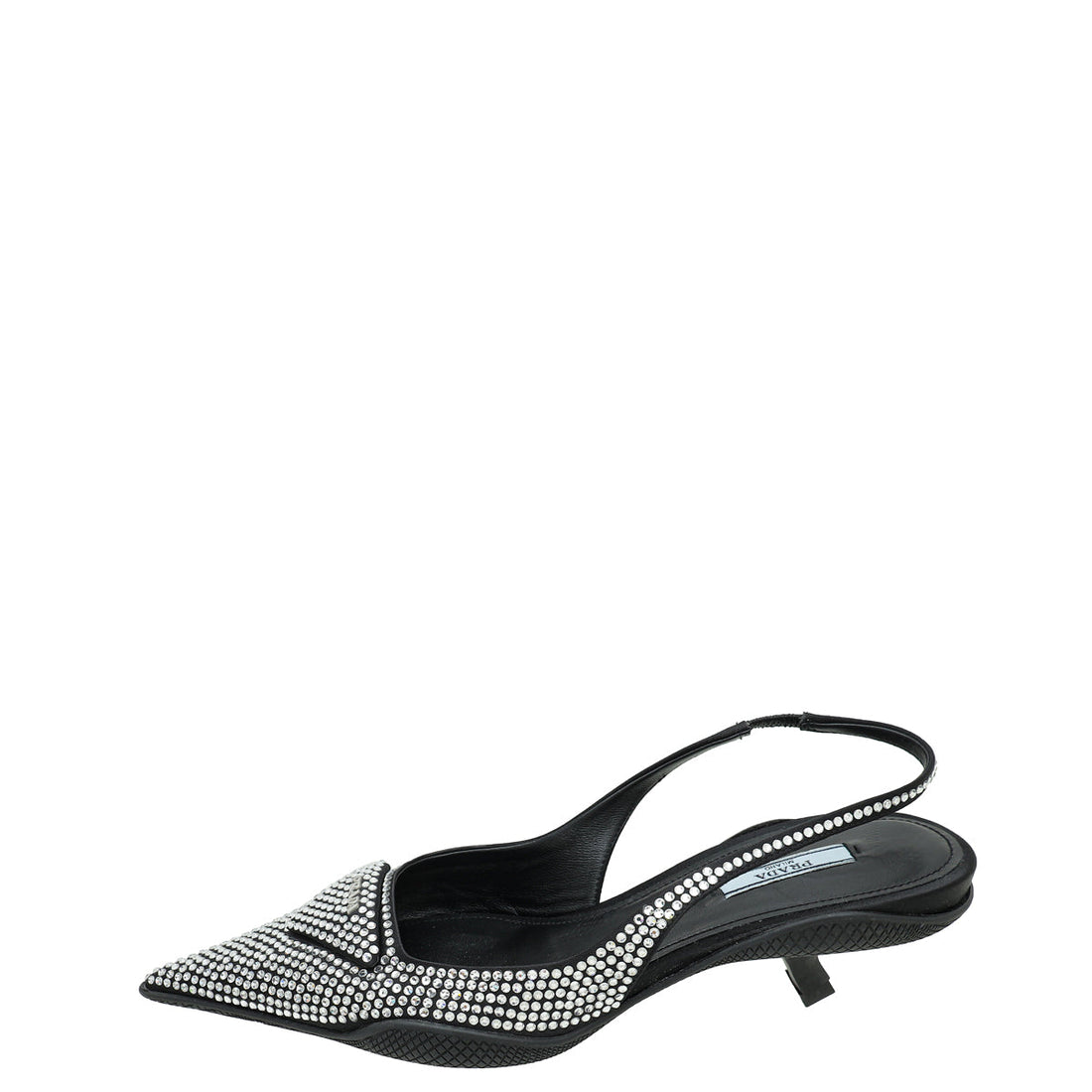 Prada Black Logo Satin Crystal Slingback Pump 39