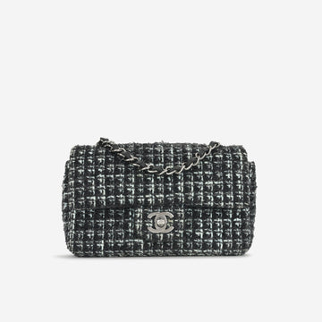 Chanel - Classic Flap Bag - Mini Rectangular - Mixed Black / Light Blue Tweed SHW -