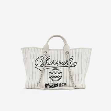 Chanel Large Deauville - White Canvas / Black Stripes | Silver Hardware