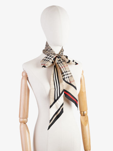 Burberry Triple Check Monogram Stripe Skinny Scarf Archive Beige Silk