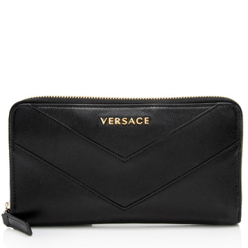 Versace Calfskin V Stitch Zip Around Continental Wallet (SHF-5uxipD)