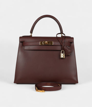 Vintage Hermes Kelly 28 Noisette Box Gold Hardware