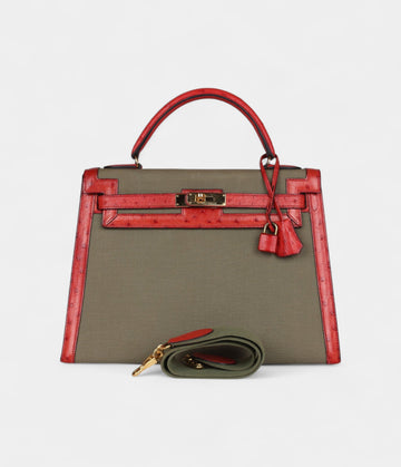 Vintage Hermès Kelly 32 Vivid Ostrich Leather and Vert Olive Green Canvas Gold Hardware