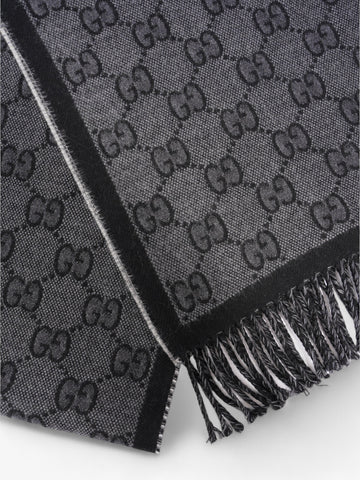 Gucci CS Jacquard Pattern Scarf with Tassels CS Supreme / Black / Grey Wool