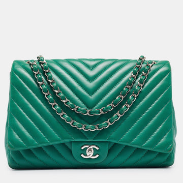 Green Chevron Leather Maxi Classic Single Flap Bag