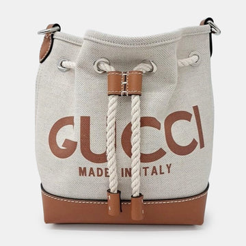 Beige/Brown Canvas and Leather Logo Bucket Bag