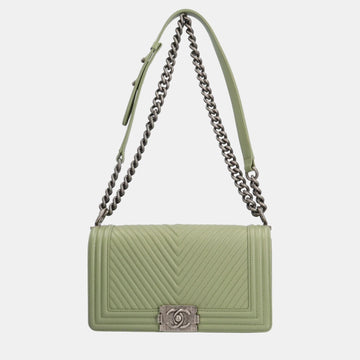 Green Chevron Leather Medium Boy Flap Bag