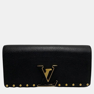 Black Leather Portefeuille Capucines Long Wallet