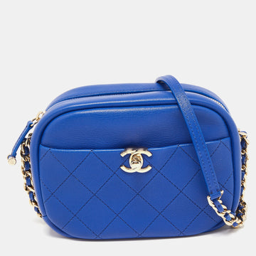 Blue Quilted Leather Small Casual Trip Camera Crossbody Bag
